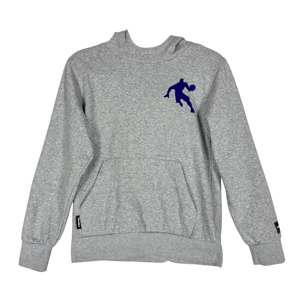 AND1 Hoodie Boys 10-12 Gray Pullover Fleece Basketball Logo Kangaroo Pocket